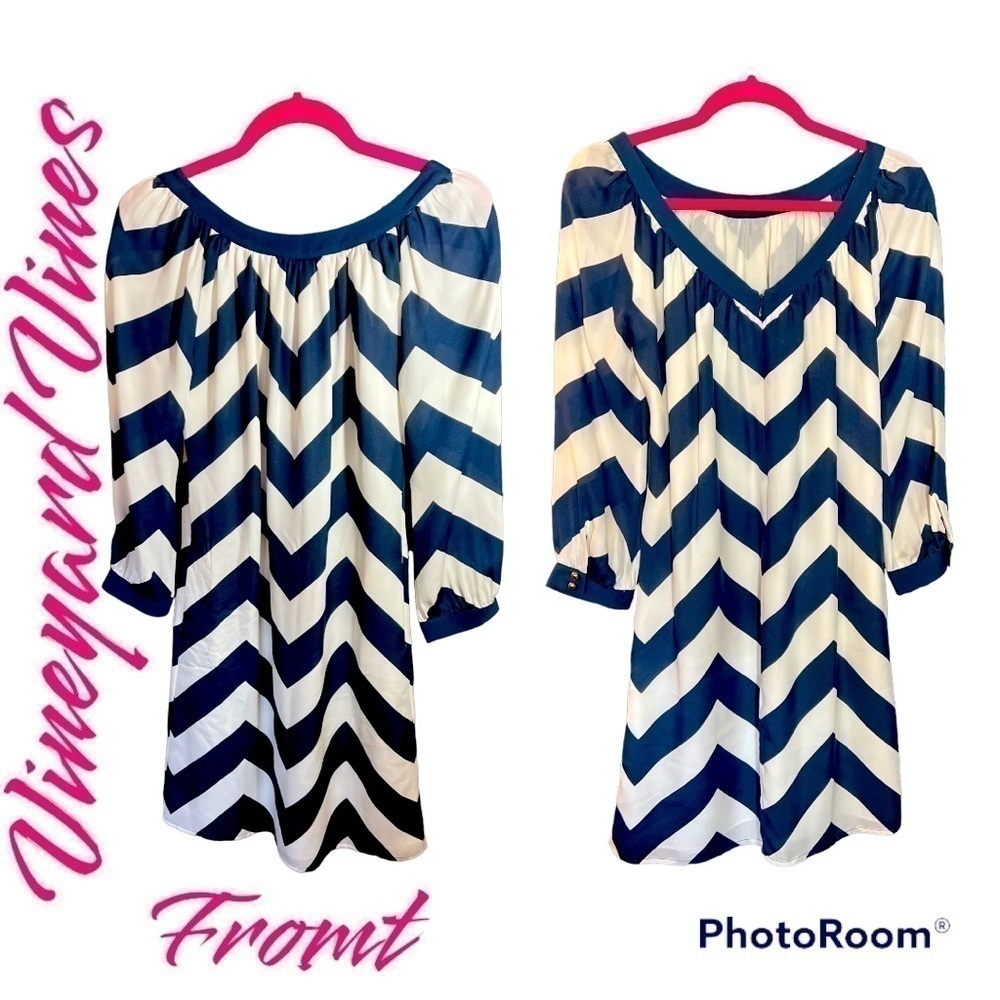 𝅺VINEYARD Vines 100% Silk Chevron 3/4-Slv Dress Navy & Wht sz 0